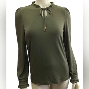 Calvin Klein NWT Olive Green Ruffles Long Sleeve Blouse Key Hole Bow Gold